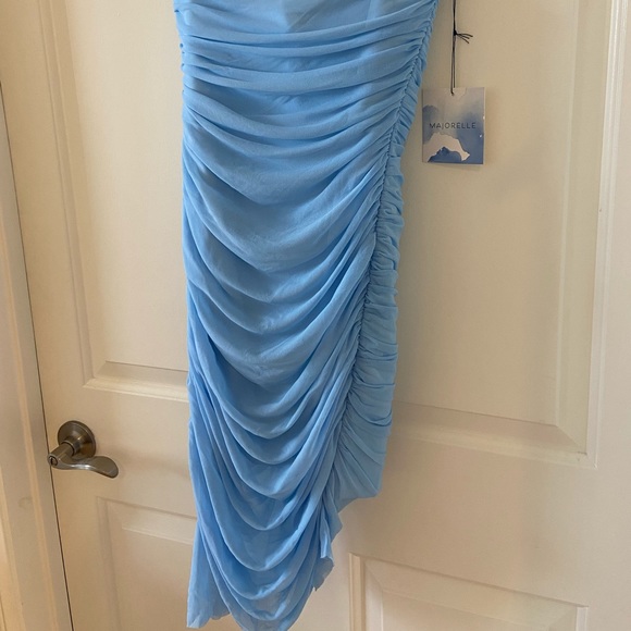 Majorelle Revolve White Strapless Ruched Asymetrical Ursula Dress Sz Medium Blue - Picture 2 of 8